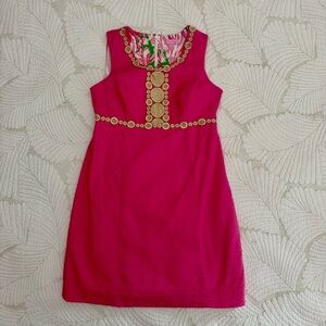 Lilly Pulitzer Hot Pink with Gold Embellished Neckline Rosie Shift Dress- Size 6
